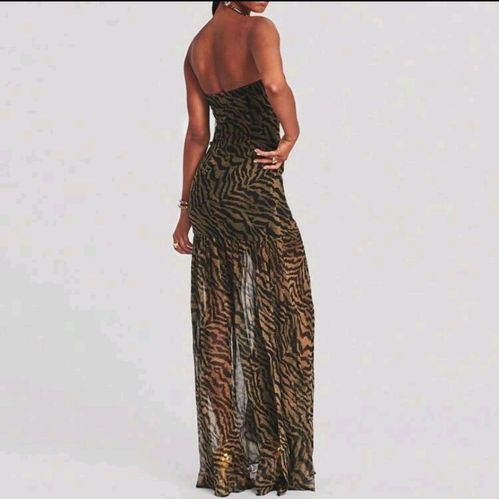 Women Tube Top Dress Slim Strapless Backless Mesh Patchwork Maxi Dress Leopard - Picture 5 of 10